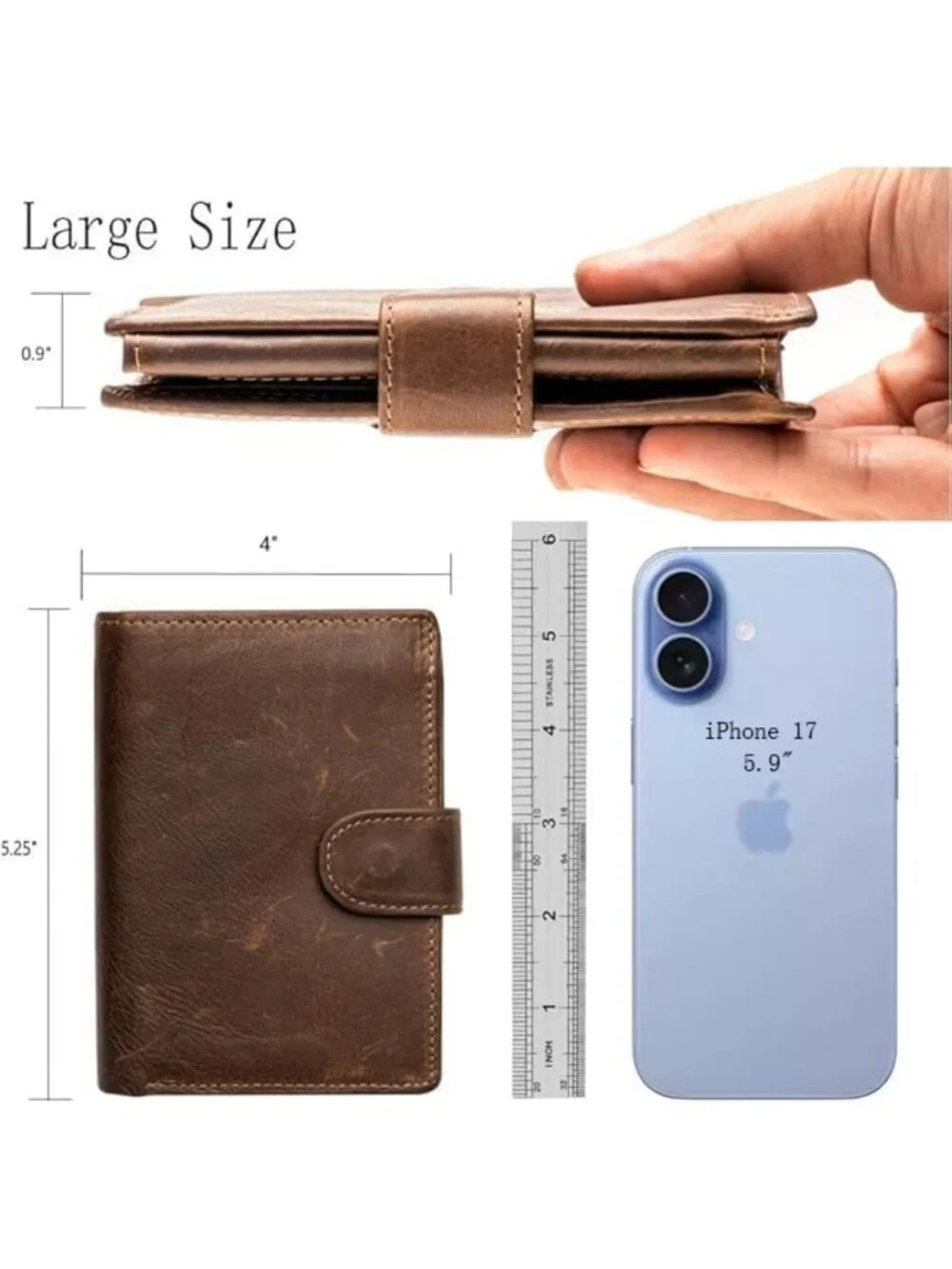 Large RFID Genuine Leather Trifold Wallet | Snap Closure, 3 ID Windows for Men